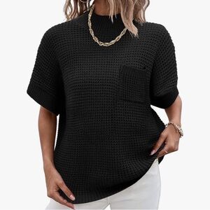 Oversized Ribbed Crochet Knit Short Sleeve Sweater Top Black